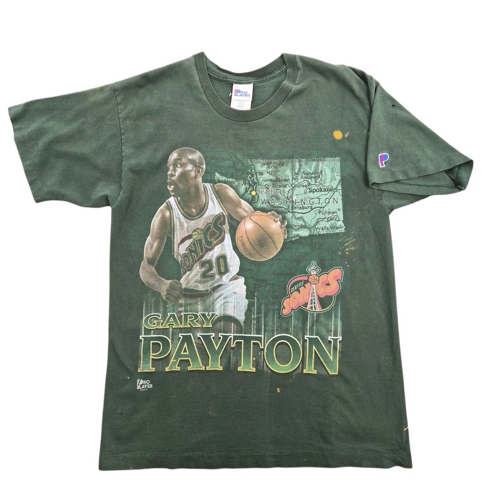 Vintage Pro Player Gary Payton Seattle Sonics T-Shirt Green Distressed Mens L